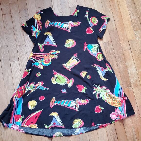 Vintage 90s Tropical Drinks Trapeze Swing Short Sleeve Mini Dress Colorful - Picture 13 of 14